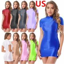 Womens Glossy Oil Stretchy Bodycon Dress Mock Neck Mini Pencil Dress Clubwear