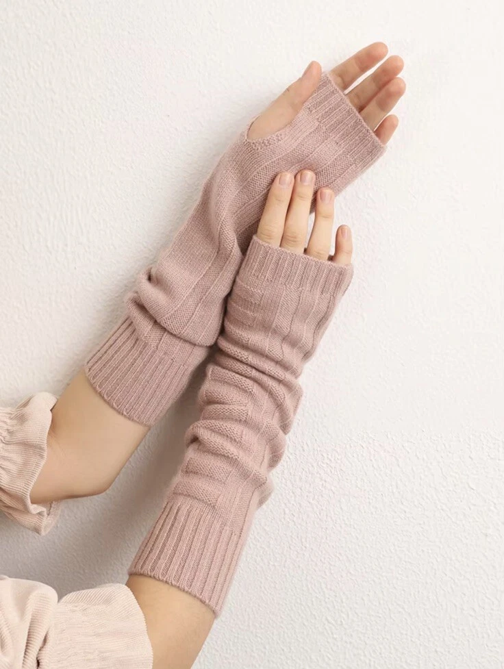 BNWT 100% Cashmere Wrist Arm Warmers Fingerless Long Gloves Pink Blush