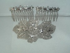 VINTAGE FLOWER HAIR BARRETTE 2 SLIDE COMBS SILVER TONE METAL
