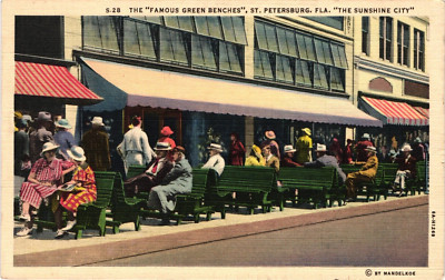 FLORIDA St Petersburg Famous Green Benches c1937 FL Postcard