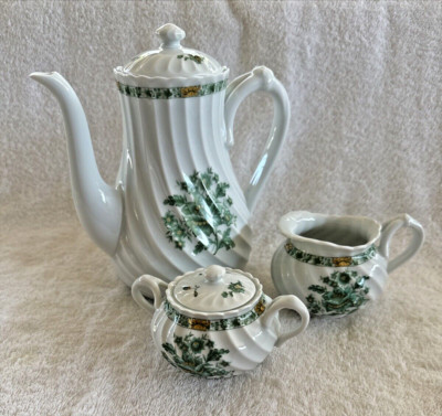 Haviland Limoges France Creamer Sugar Bowl Coffee Pot Set Green and Gold Flowers