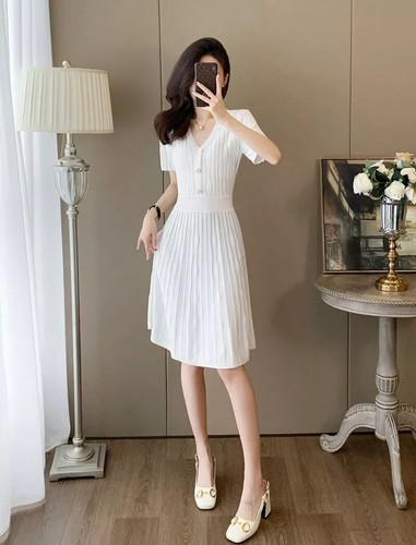 Vestido Mujer Corto Elegante Blanco Suave Elástico En Suéter 07697
