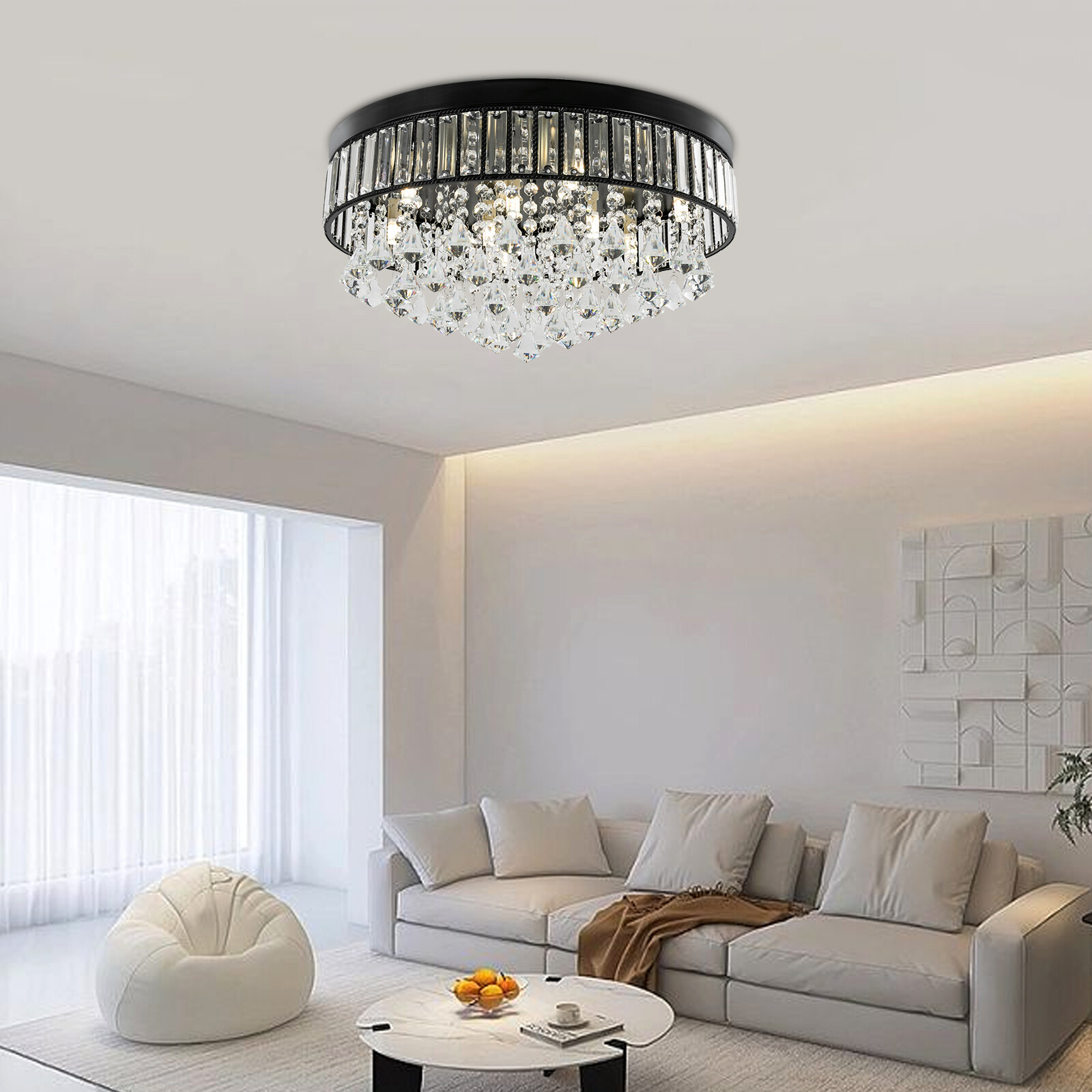 Modern Round Flush Mount Crystal Chandelier with Bake Paint Finish