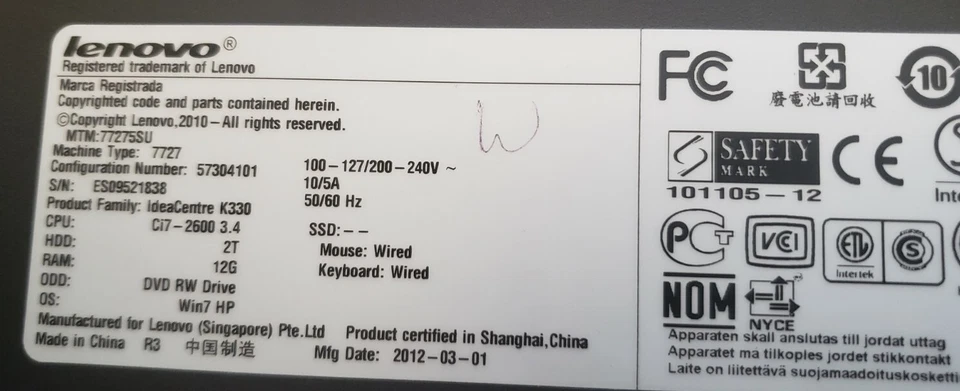 Lenovo IdeaCentre K330 2TB, Intel Core i7 2nd Gen., 3.4GHz, 12GB PC Desktop - Image 3 of 4