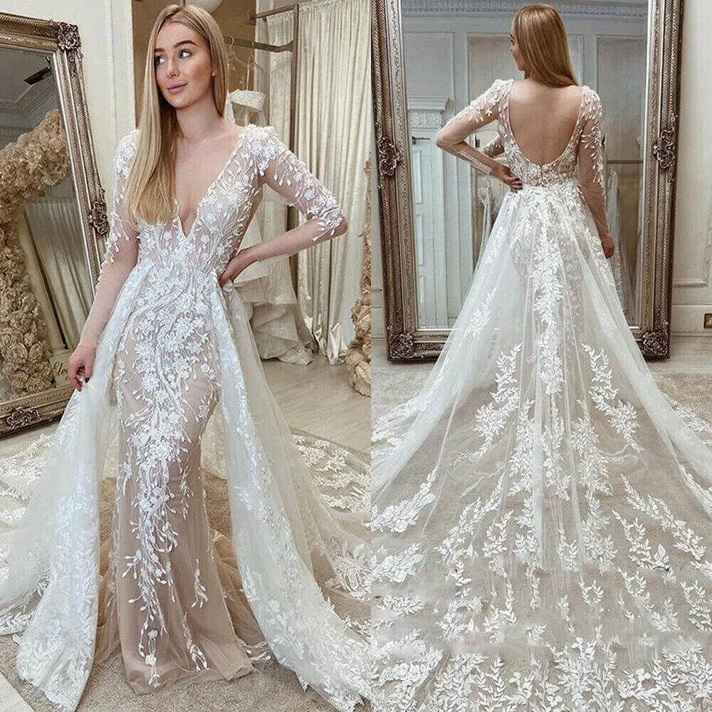 Mermaid Detachable Wedding Dresses V Neck Lace Appliques