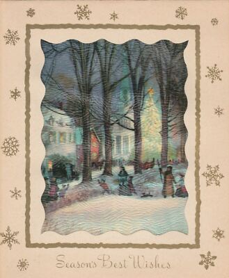 Beautiful Oil Paint Golden Gilt Caroling Christmas Day VTG Card 1953 FOE Eagles
