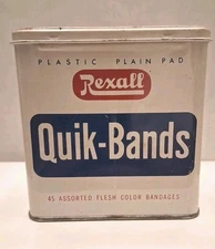 Vtv. Rexall Quik Bands Band Aid Tin Box Medical Advertising Made in USA