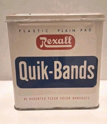 Vtv. Rexall Quik Bands Band Aid Tin Box Medical Advertising Made in USA