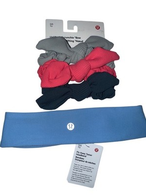 Lululemon Fly Away Tamer Headband Bow Scrunchie 3 pc Set Blue Pink Gray NWT OS