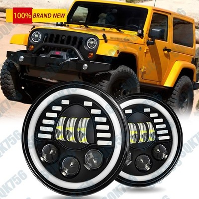 7'' Inch  LED Headlights Halo Angle Eyes For Jeep Wrangler JK LJ TJ CJ 1997-18