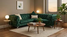 Chesterfield Corner Sofa In Green Velvet + One Seater Sofa Set - BARND NEW