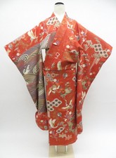 Japanese Vintage Kimono Furisode Silk Kinkoma-Embroidery Crane Classical eb-1313