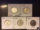 LOT OF 5 SILVER WASHINGTON QUARTERS 1941 1942 1944 1946 1951-D