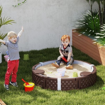 Round Kids Sandbox with Cover, 3 Seats, Bottom Liner, Brown