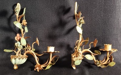 Vintage Candle Wall Sconces Italy Tole Florentine Hand Painted Metal 10.5''H  SH