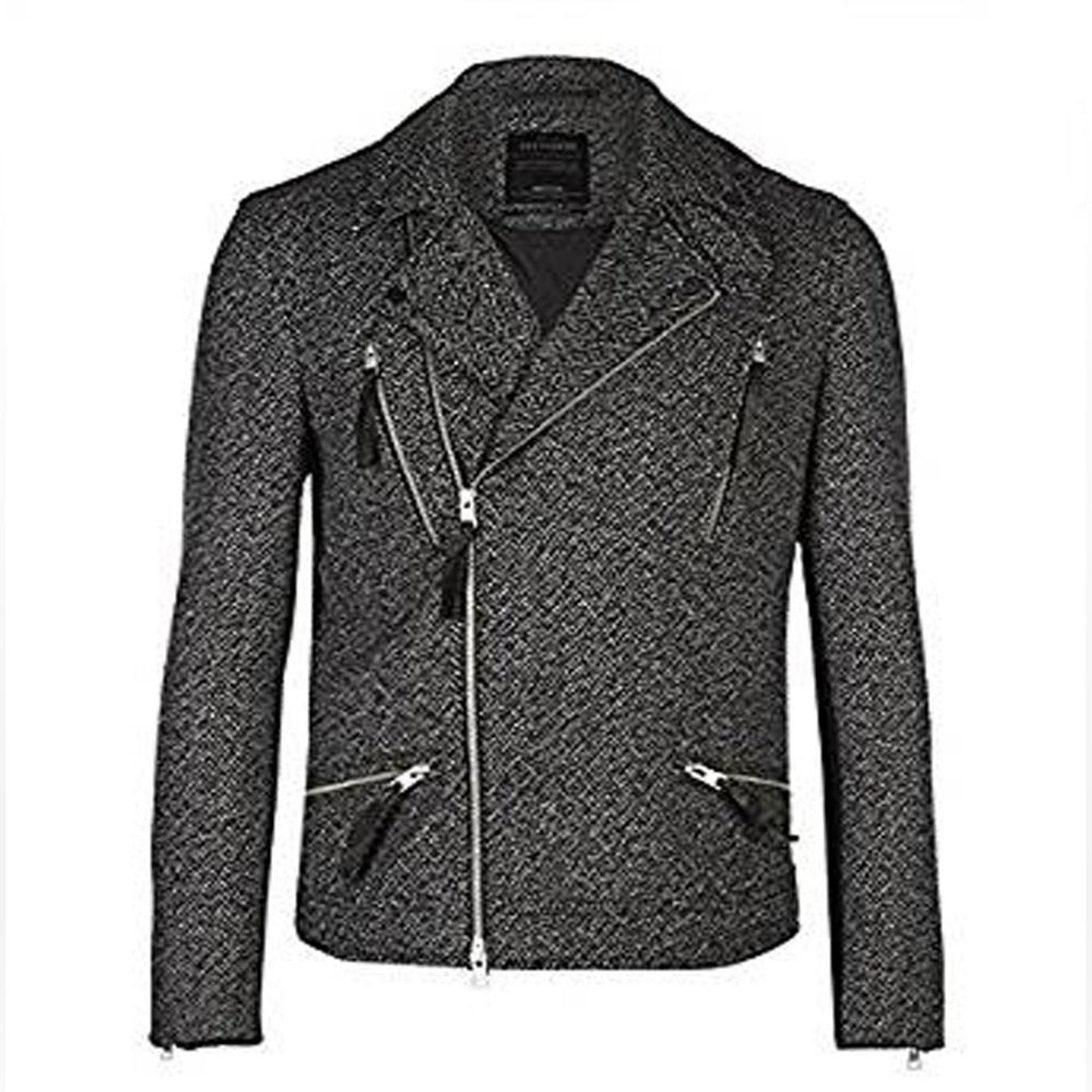 Rare! All Saints Black and White Wool Tweed Herringbone Jacket XL Biker image 8