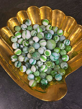 Big Lot of Vintage White and Green Swirl Marbles