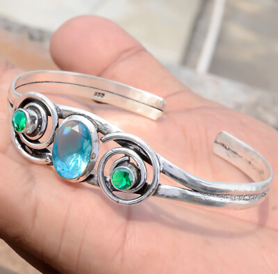 London Blue Topaz & Diopside Gemstone 925 Sterling Silver Creative Bangle Cuff
