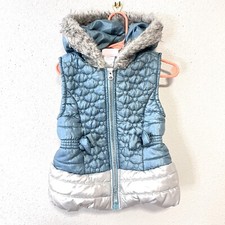Girls Blue Puffer Vest Sz 4 Hooded with Faux Fur Trim Full Zip Elastic Back