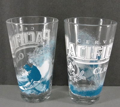 PACIFICO CLARA BEER PINT DRINKING GLASS LOT 2 SURFER SURF BAR MANCAVE 16oz NEW