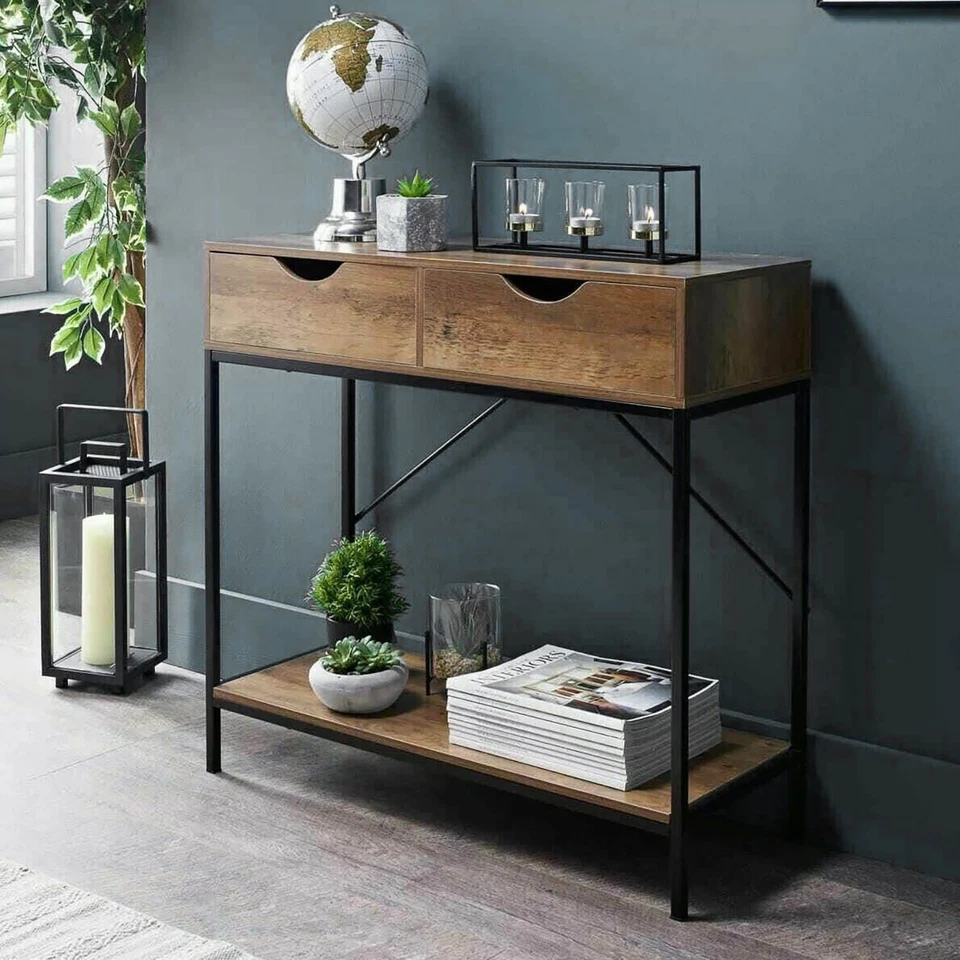 2 Drawer Console Table Black Metal Frame & Wooden Drawers and Shelf Furniture - Image 2 of 2