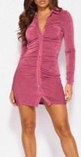 Rose Pink Slinky Stretch Knit Ruched Button Front Shirt Mini Dress w/ Collar