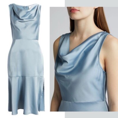 Sam Edelman Drape Cowl Neck Blue Silky Satin Glacier Midi Dress Sleeveless 12