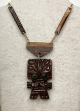 Hand Carved KOA Wood Tiki Pendant Necklace Green Glass Eyes Hawaiian