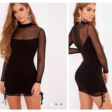 nera black mesh high neck bodycon dress