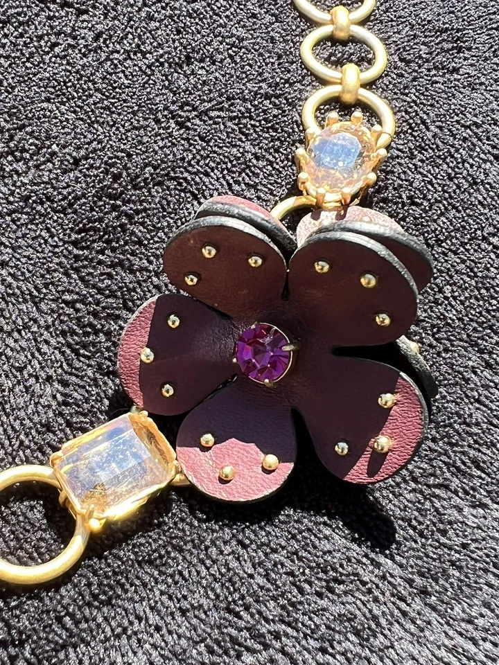 Kate Spade Leather Maroon Flower Rhinestone Gold Tone Blooming Bling Necklace - Image 2 of 4