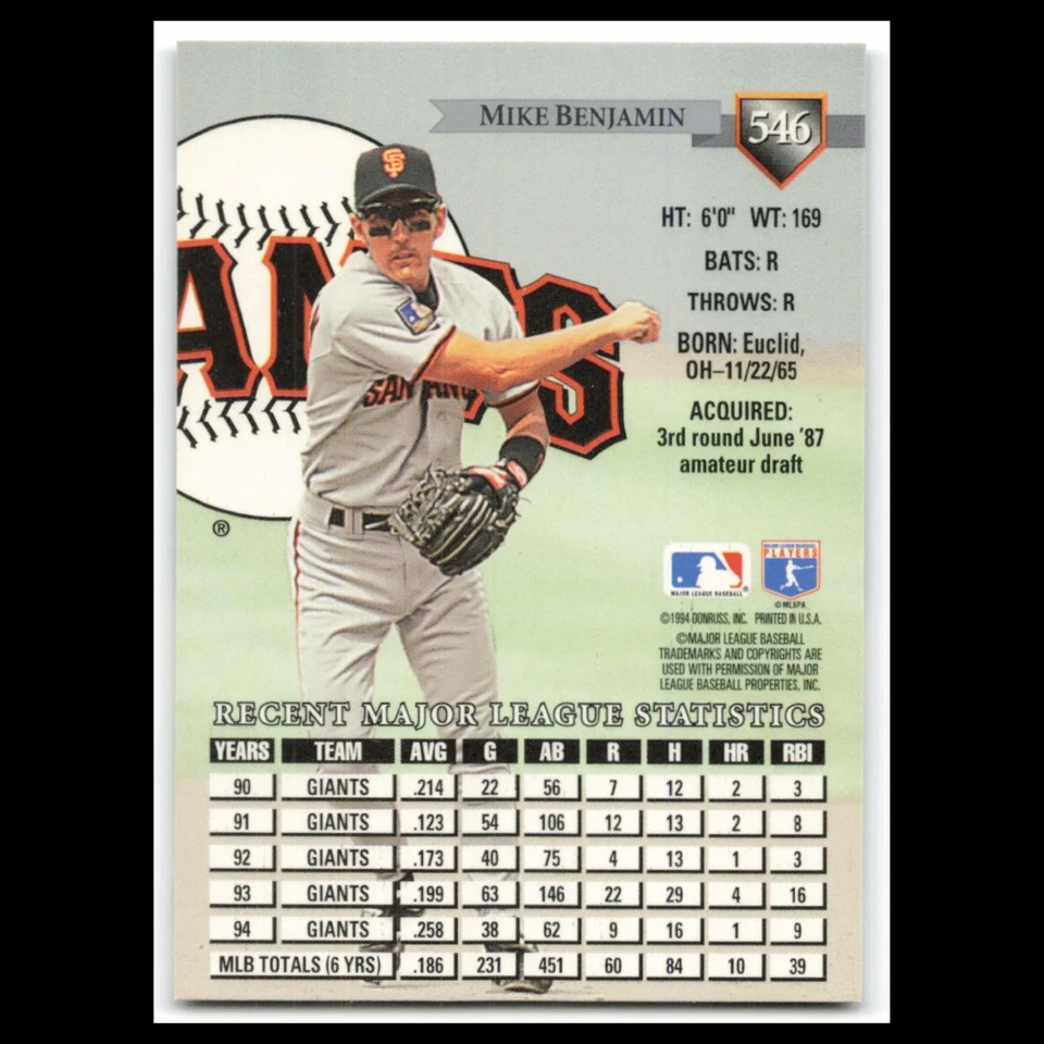 Mike Benjamin #546 1995 Donruss San Francisco Giants Baseball Card MLB NM - Image 2 of 3