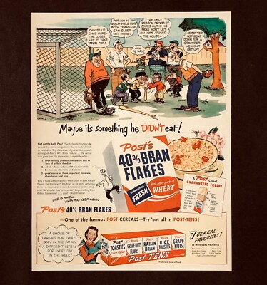 1950 Post Cereal Advertisement Baseball Comic Art Bran Flakes Vintage Print AD