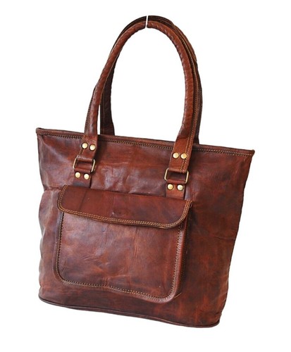 Borsa a tracolla fatta a mano borsetta grande donna vintage vera pelle marrone tote bag - Foto 1 di 7