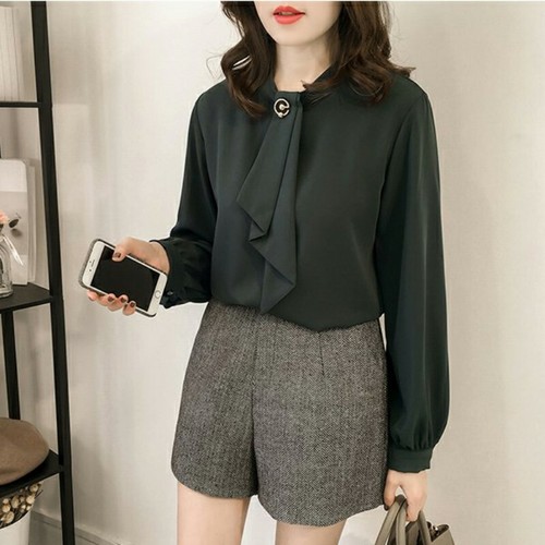 Camicia donna chiffon manica a sbuffo volant lavoro ufficio blusa abbigliamento donna giallo - Foto 13 di 18