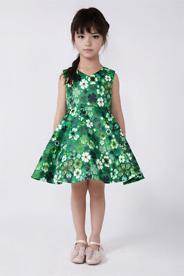 Classic Girls Clovers Printed Green Dress Summer Holiday Princess Dress  2-12Y | eBay