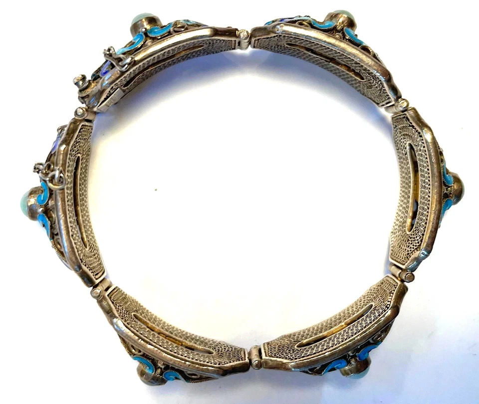 Antiguo Brazalete de Exportación China Jade Plata Filigrana Oro Esmalte Dorado ~ ¡Perfecto! Foto 4 de 4