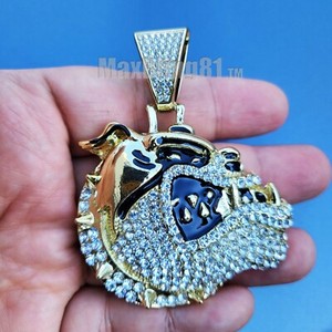 Authentic Gold Plated Bull dog Large Pendant Iced Bling Cubic Zirconia Hip Hop Jewelry