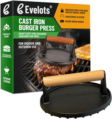 Cast Iron Burger Press, Pre-Seasoned Grill Smasher with Wood Handle