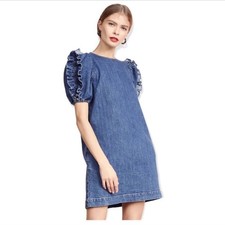 Ulla Johnson Poppy Blue Denim Ruffle Puff Sleeve Mini Dress Size 0