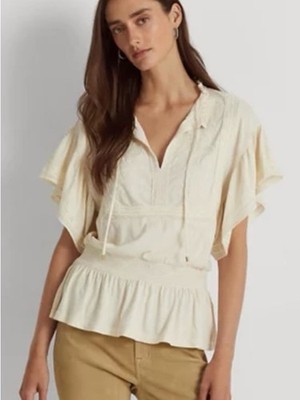 Women's Cream Peplum Lace-Trim Blouse