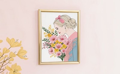 Mädchen mit Wildblumen Bündel Skizze bunt Galerie Dekor Linie modern Cottageco