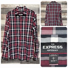 Express Slim Performance Plaid Button Up Shirt Men s L Red Black Stretch
