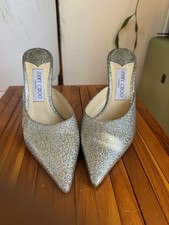 Jimmy Choo Romy 85 Champagne Coarse Glitter Fabric Pointy Toe Pumps Size 38/7.5