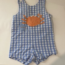 Funtasia Too Toddler Boy Blue And White Checked Shortall Appliqu Crab 3T
