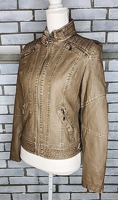   Miss Miss Junior s Long Sleeve Faux Leather Jacket Size Medium Brown Zip Up