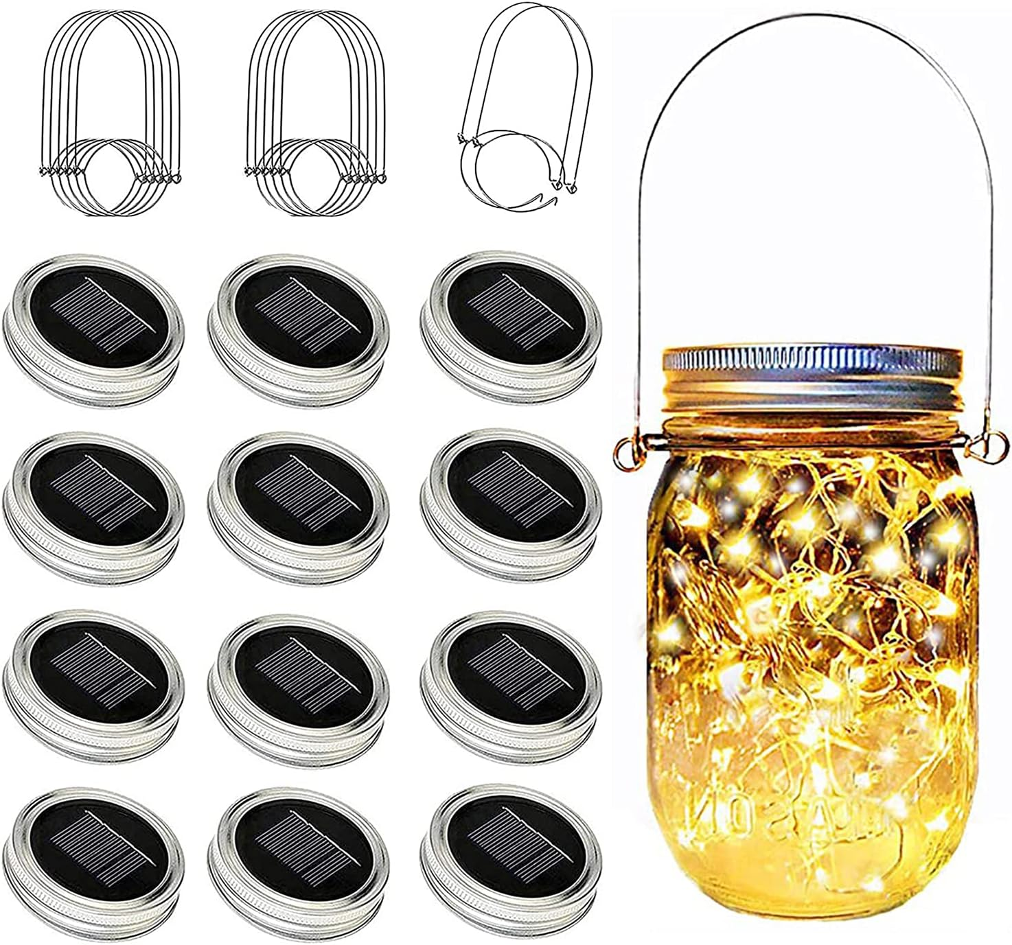 12 Pack Solar Mason Jar Lid Lights with 30 LED Firefly Fairy String Lights Waterproof for Outdoor Decor
