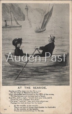 Vintage AM MEER Gedicht Postkarte Ruderboot Leuchtturm Anfang 1900