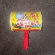 Vintage Metal Toy Noise Maker With Clowns Balloons Wood Handle Made in USA