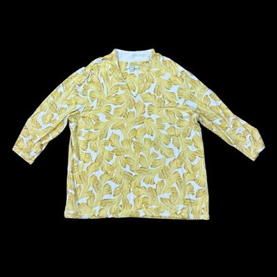 Chicos Yellow White Top Womans (4)  XXL Abstract Leaf Print 3/4 Sleeve V-Neck