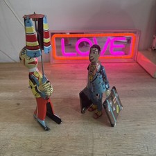 Vintage Tin Plate Wind Up Toy Man X2 1 With Suitcases 1 With Propeller Working